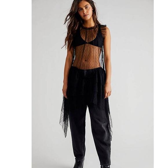 NWT Free people MIA Mesh Tiered Maxi Top $148 Large Black Dropped Waist Ruffled - Picture 1 of 6